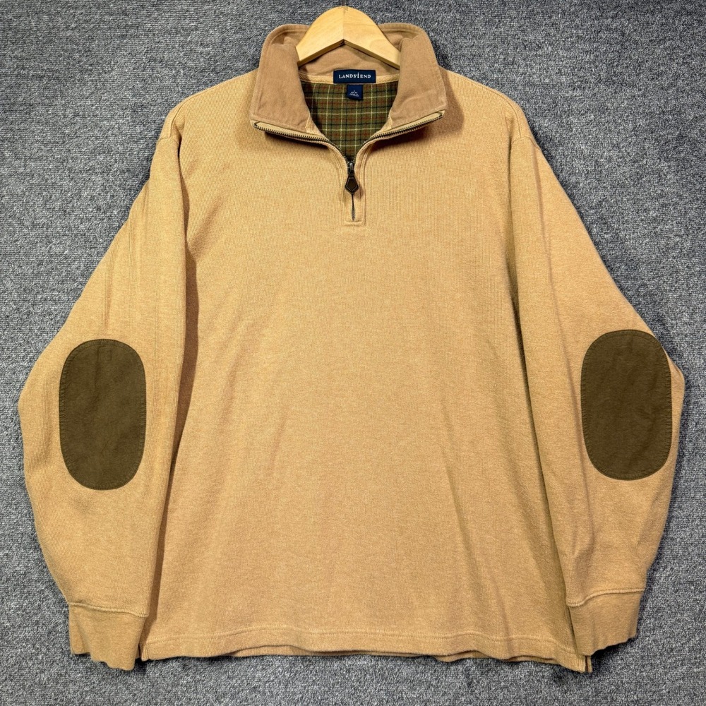 Lands End Pullover Sweater‎ Mens L 42-44 Tan 1/4 Zip Cotton Elbow Patches